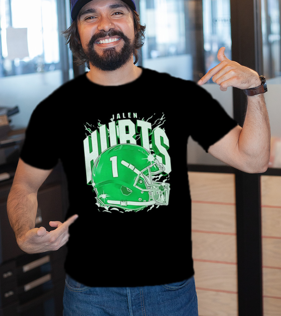 Jalen Hurts 1 Philadelphia Eagles Green Helmet Football T-Shirt