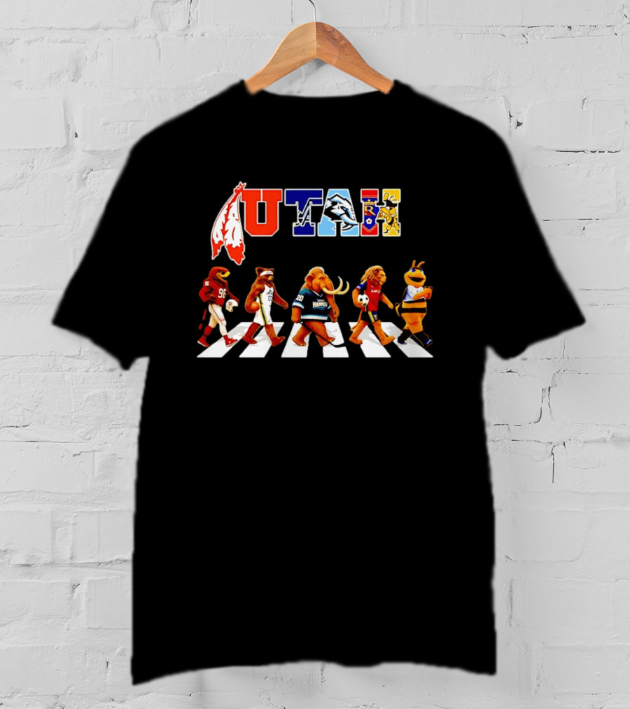 Utah Sports Mascots Walking Across Abbey Road Collage Real Salt Lake Jazz Utes Aggies T-Shirt