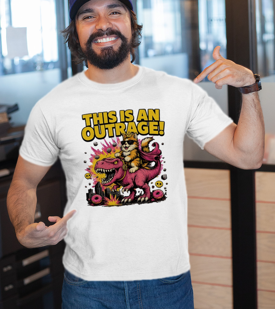 This Is An Outrage Cat King With Sunglasses Riding A Pink Rex With Explosions And Donuts T-Shirt