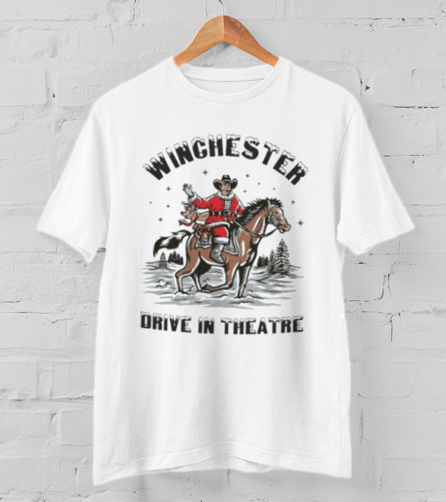 Winchester Drive In Theatre Santa Claus Riding Horse Christmas Cowboy T-Shirt