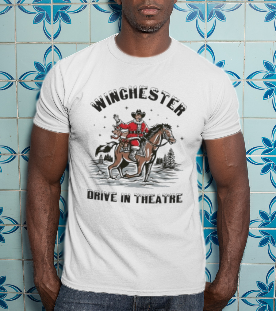 Winchester Drive In Theatre Santa Claus Riding Horse Christmas Cowboy T-Shirt