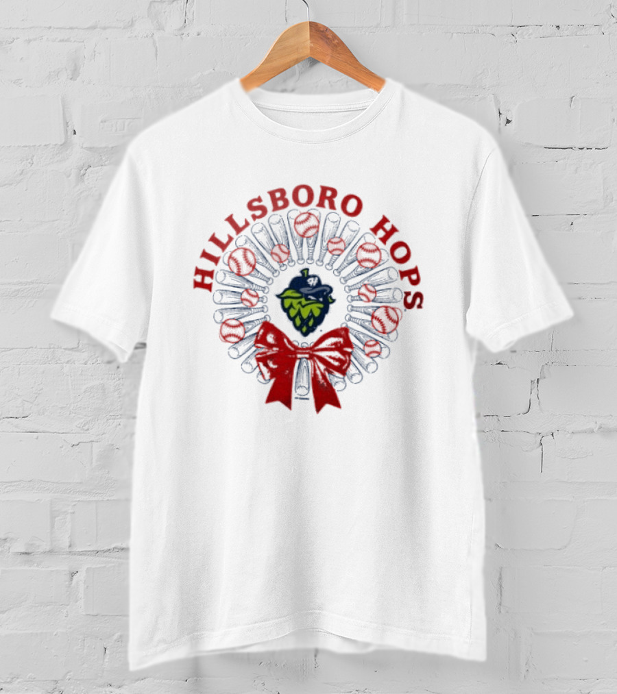 Hillsboro Hops Baseball Christmas Wreath Holiday Bow T-Shirt
