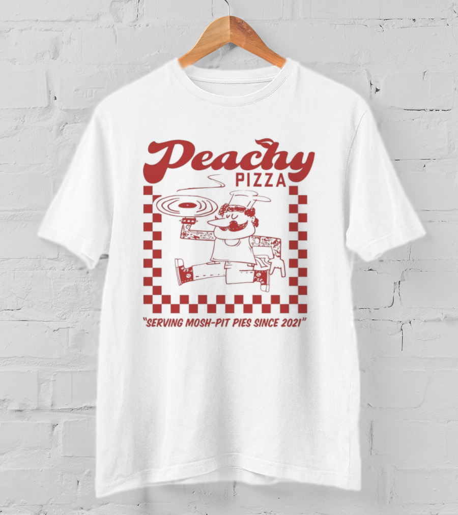 Peachy Pizza Serving Mosh Pit Pies Since 2021 Checkerboard Comic T-Shirt