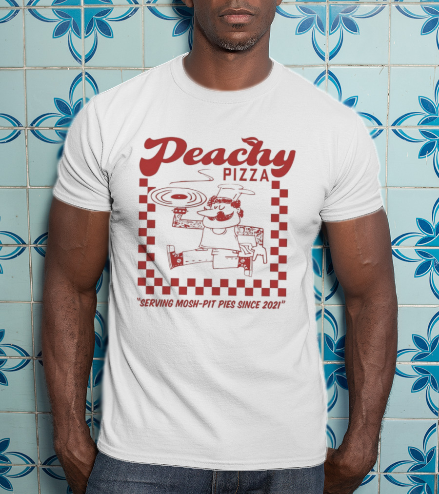 Peachy Pizza Serving Mosh Pit Pies Since 2021 Checkerboard Comic T-Shirt