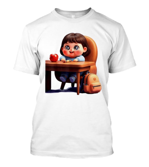 Cartoon Girl With Apple Backpack At Desk T-Shirt