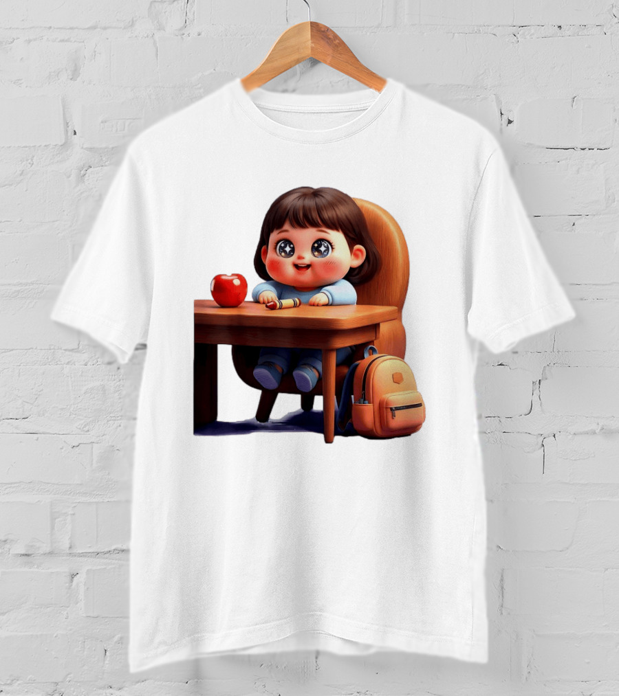Cartoon Girl With Apple Backpack At Desk T-Shirt