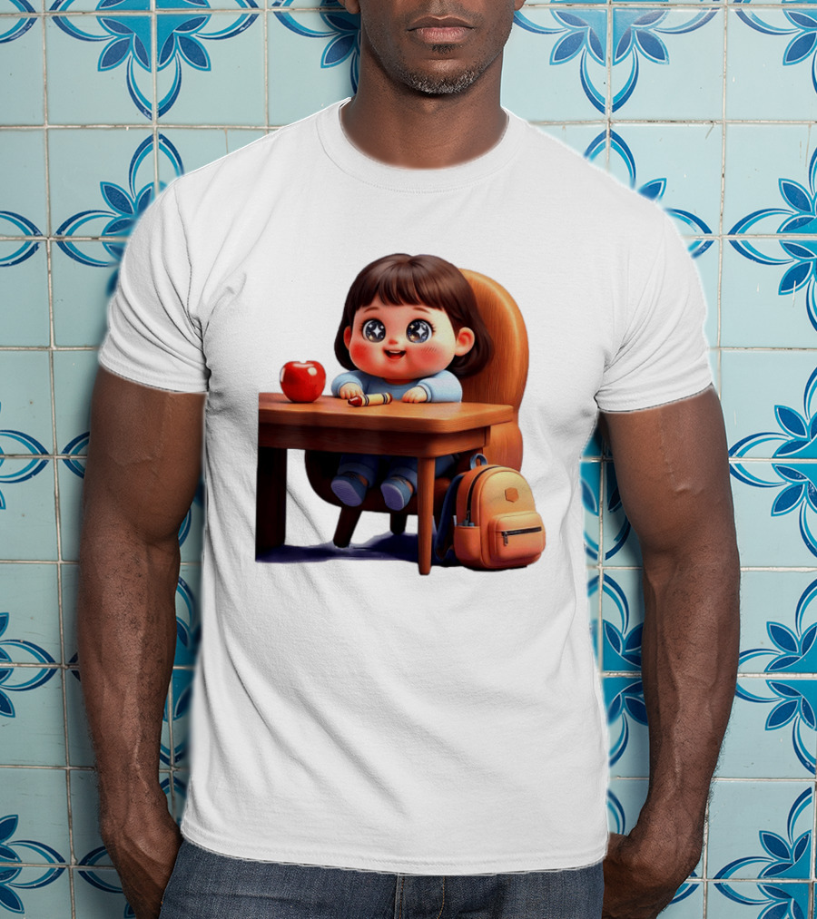 Cartoon Girl With Apple Backpack At Desk T-Shirt