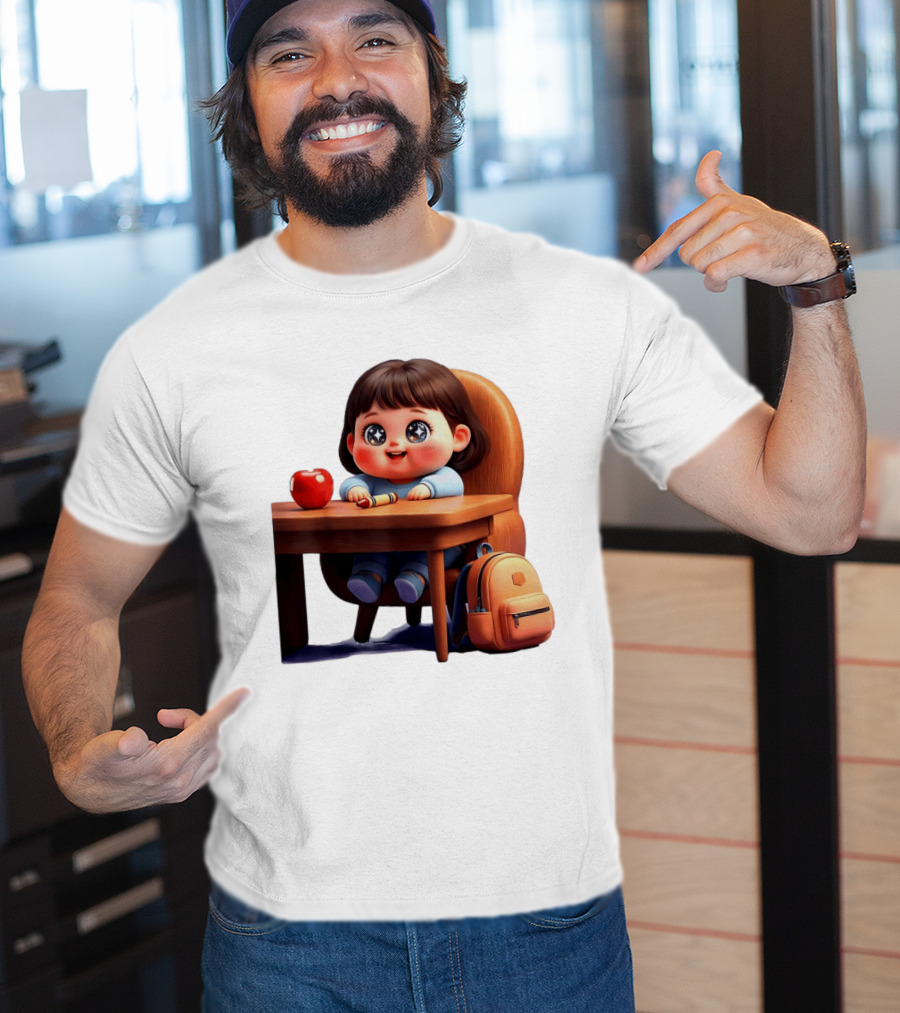 Cartoon Girl With Apple Backpack At Desk T-Shirt