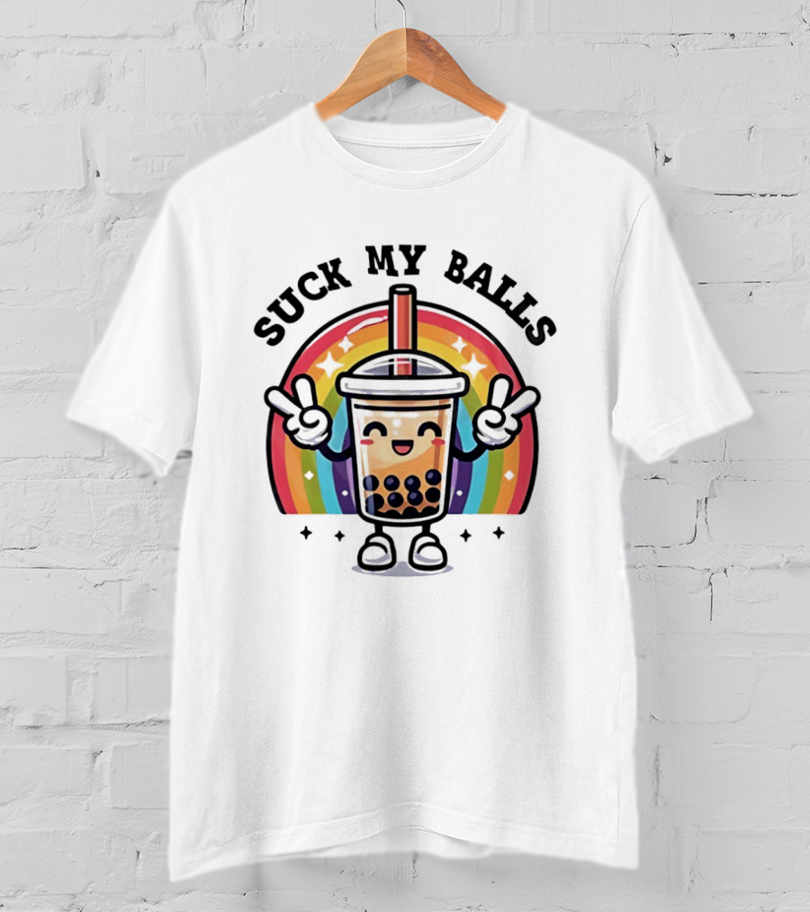 Suck My Balls Boba Tea Rainbow Peace Sign T-Shirt