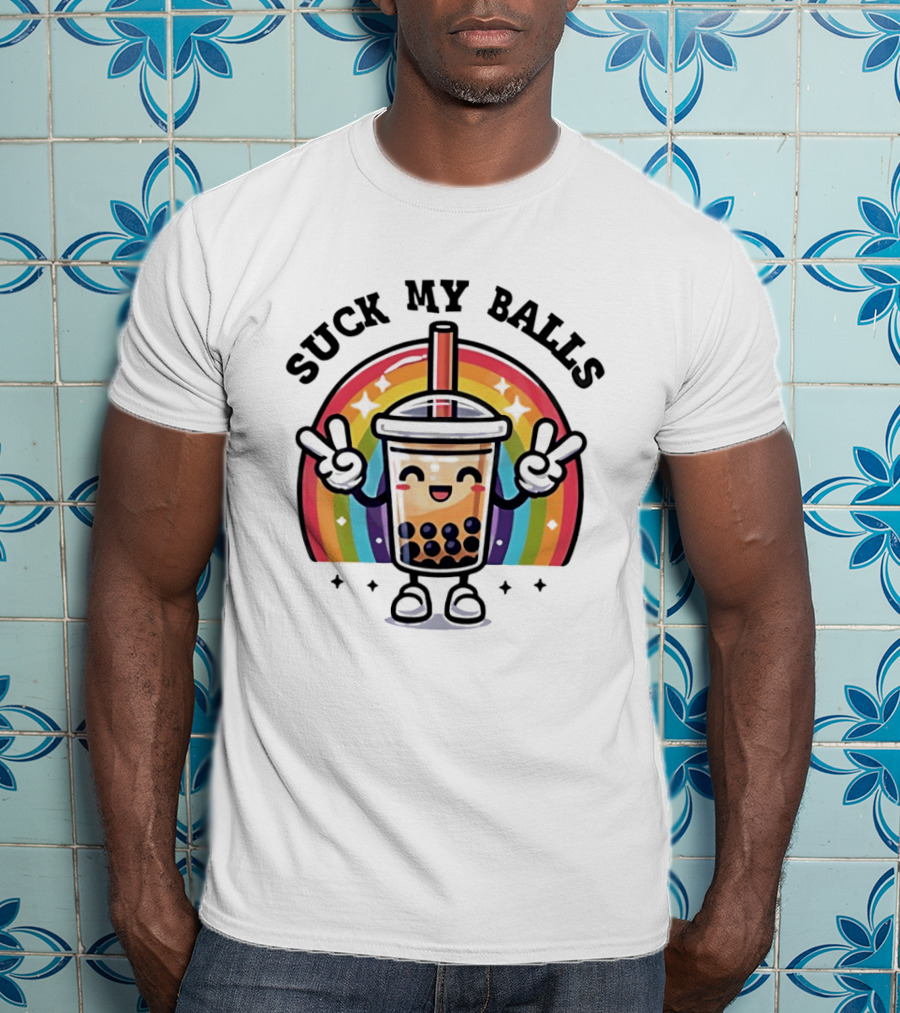 Suck My Balls Boba Tea Rainbow Peace Sign T-Shirt