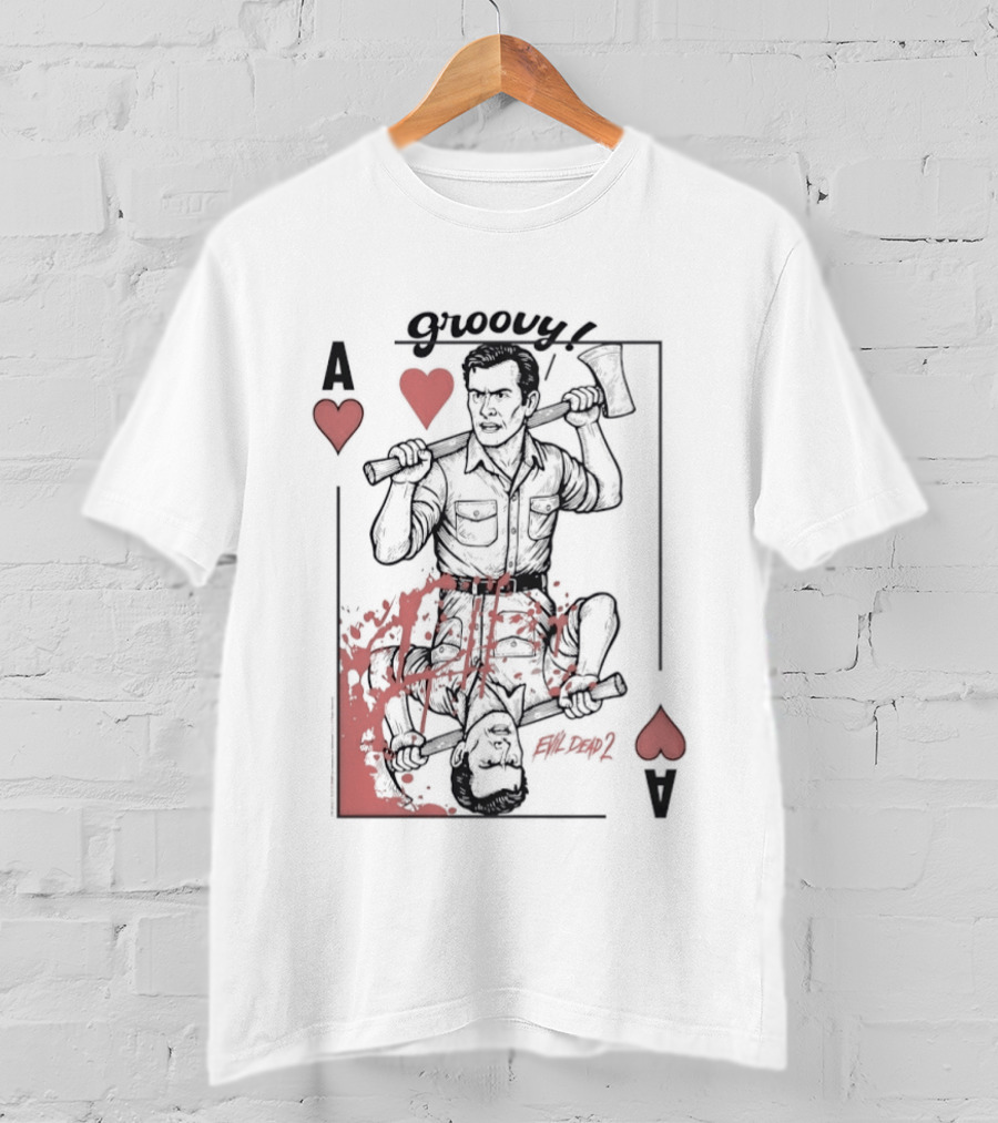 Groovy Ash Evil Dead 2 Ace Of Hearts Chainsaw Playing Card T-Shirt