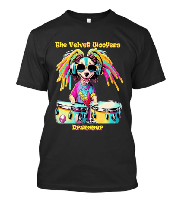 The Velvet Woofers Drummer Dog Colorful Cool Canine With Headphones And Drums T-Shirt