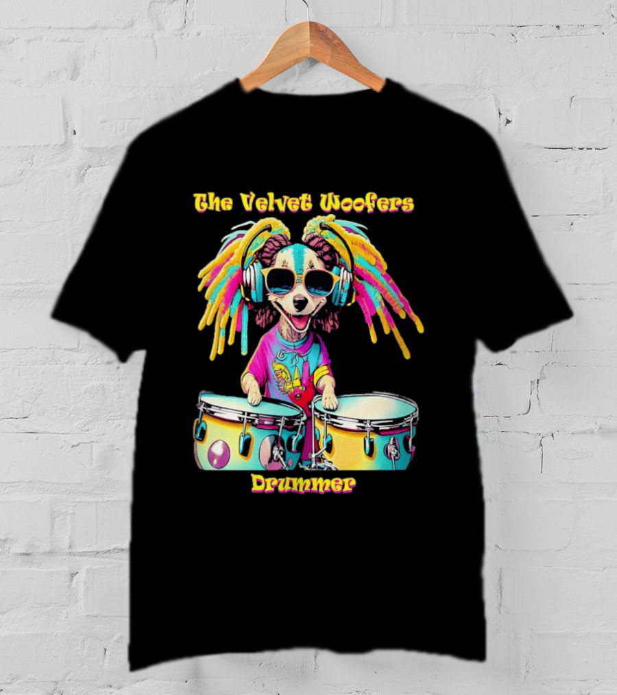 The Velvet Woofers Drummer Dog Colorful Cool Canine With Headphones And Drums T-Shirt
