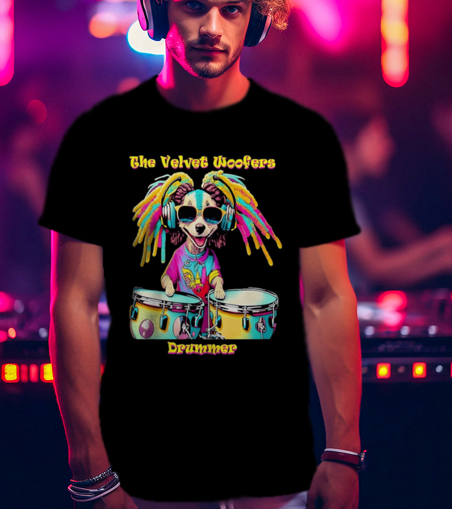 The Velvet Woofers Drummer Dog Colorful Cool Canine With Headphones And Drums T-Shirt