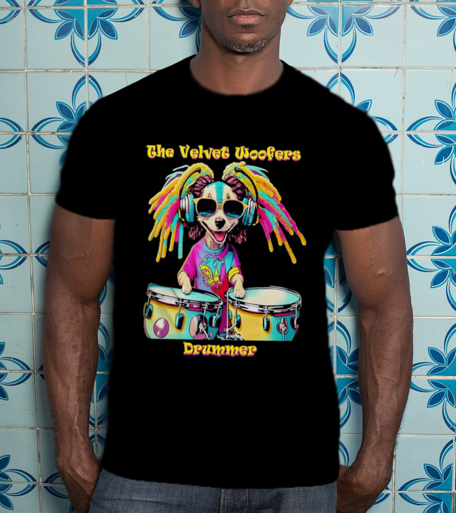The Velvet Woofers Drummer Dog Colorful Cool Canine With Headphones And Drums T-Shirt