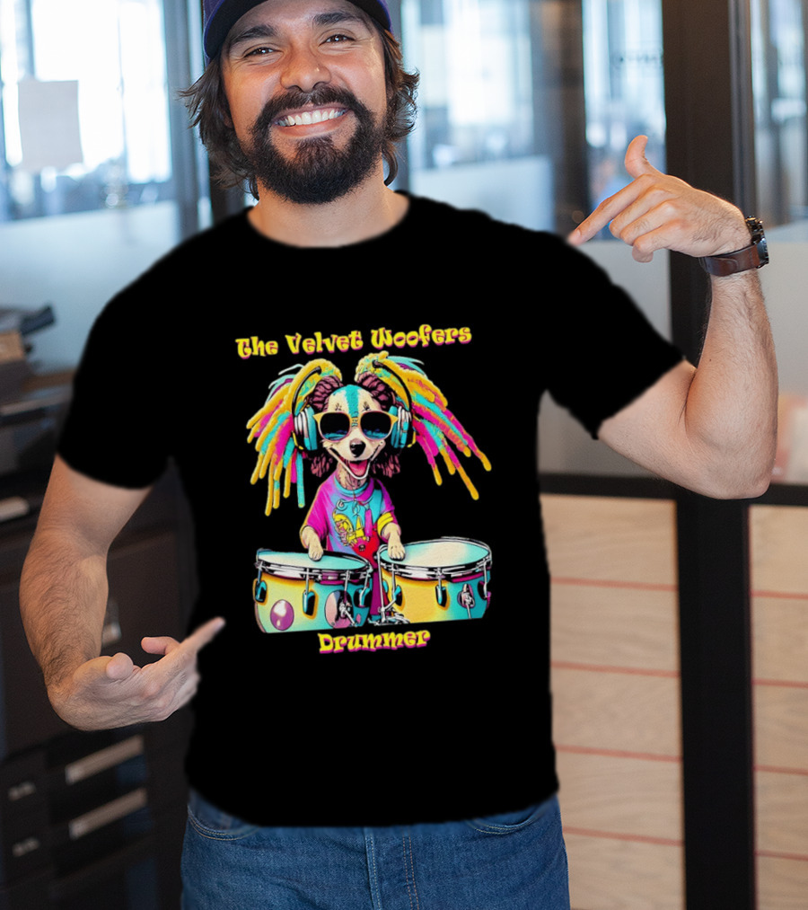 The Velvet Woofers Drummer Dog Colorful Cool Canine With Headphones And Drums T-Shirt