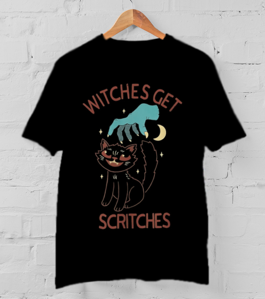 Witches Get Scritches Black Cat Halloween Moon And Hand T-Shirt