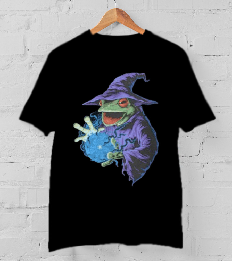 Wizard Frog In Purple Robe Casting Blue Magic Spell T-Shirt