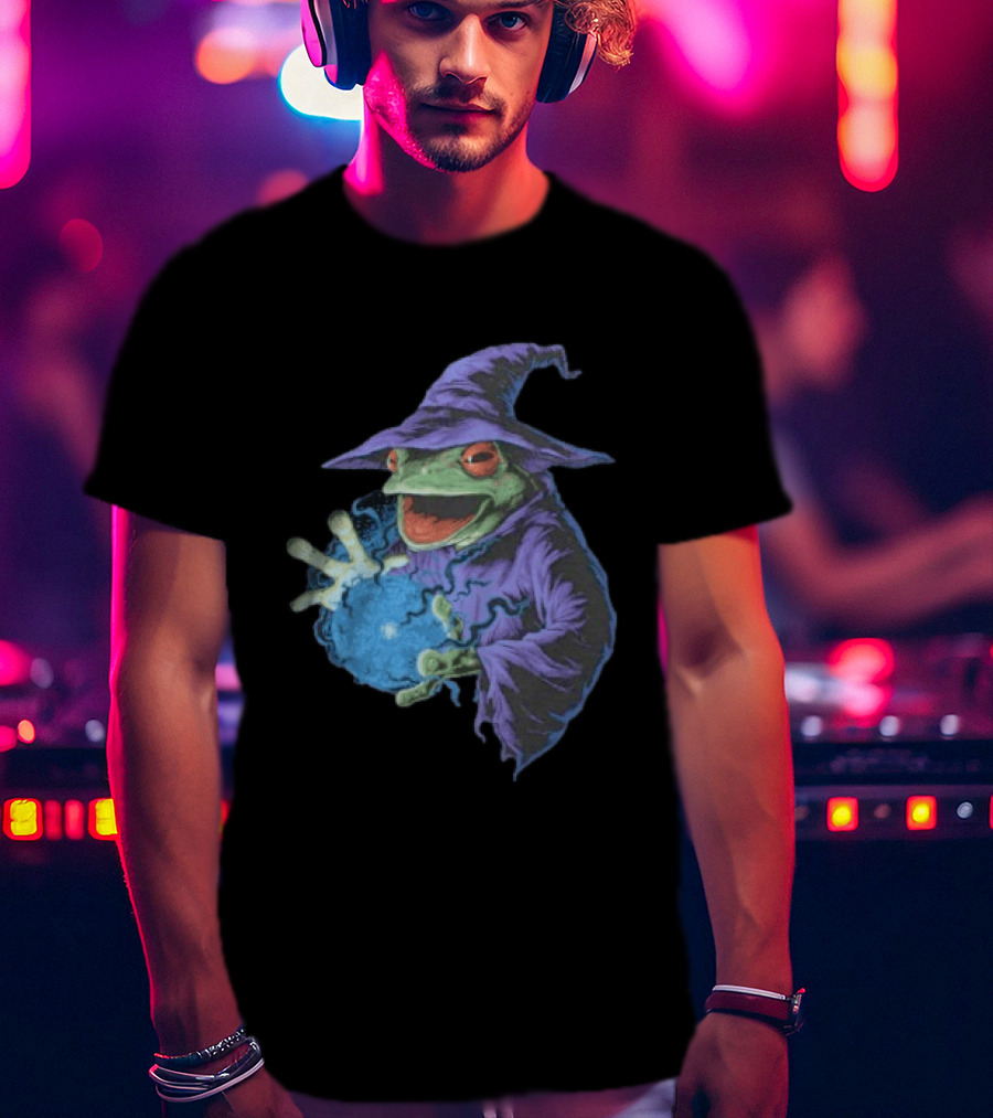 Wizard Frog In Purple Robe Casting Blue Magic Spell T-Shirt