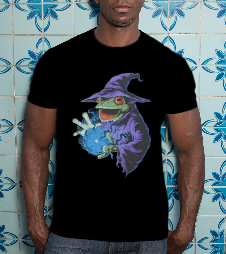 Wizard Frog In Purple Robe Casting Blue Magic Spell T-Shirt