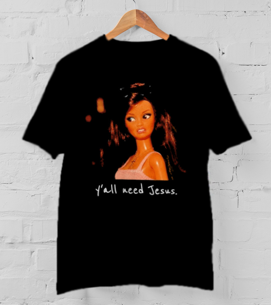 Y'all Need Jesus Doll Funny Meme Brown Hair Orange Dress T-Shirt