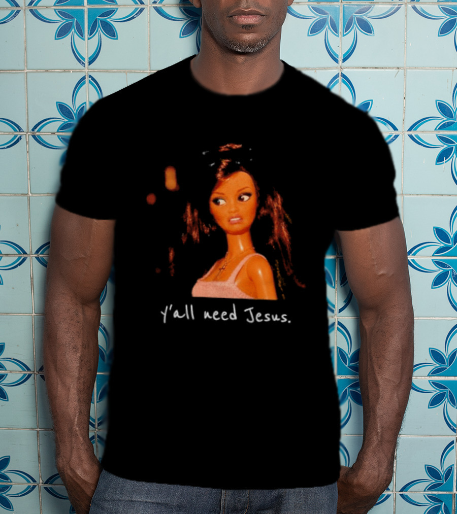 Y'all Need Jesus Doll Funny Meme Brown Hair Orange Dress T-Shirt