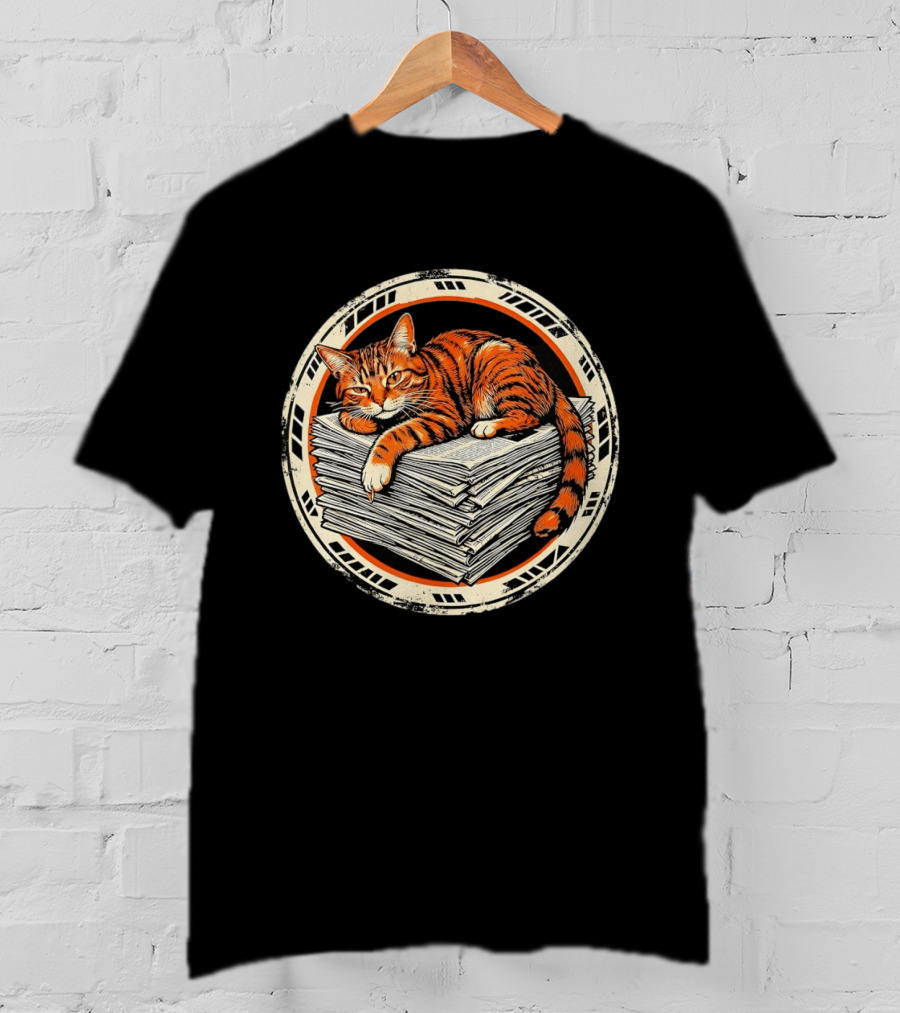 Orange Cat Relaxing On Stack Of Newspapers In Circle T-Shirt