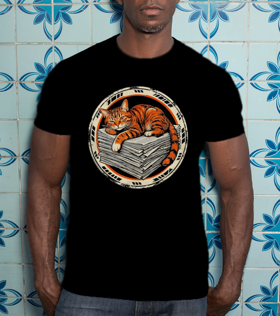 Orange Cat Relaxing On Stack Of Newspapers In Circle T-Shirt