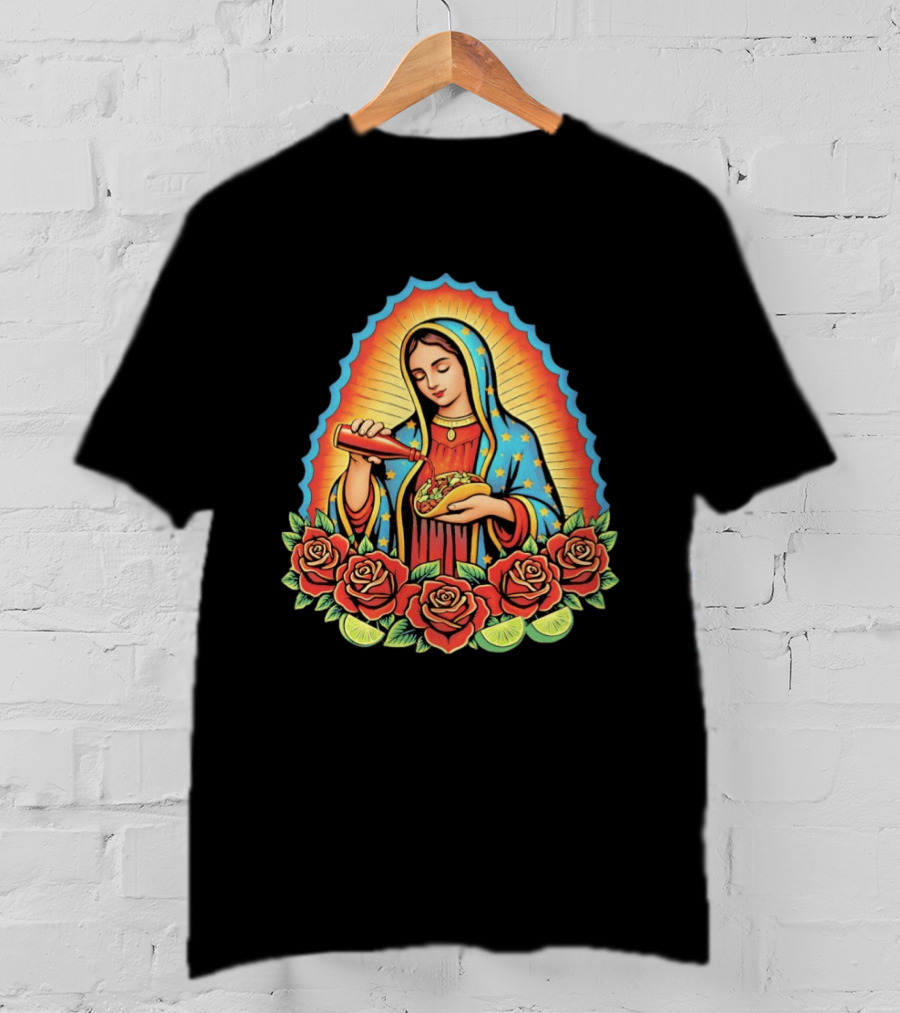 Our Lady Of Guadalupe Hot Sauce Taco With Roses And Lime T-Shirt