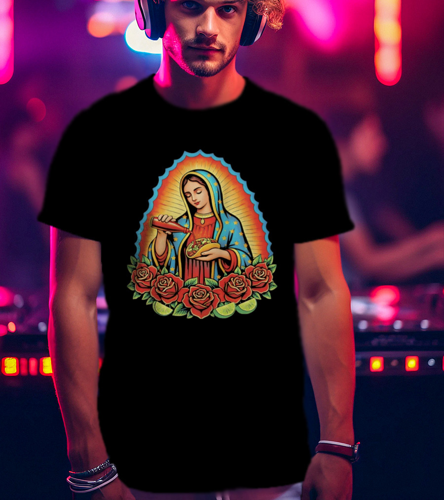 Our Lady Of Guadalupe Hot Sauce Taco With Roses And Lime T-Shirt
