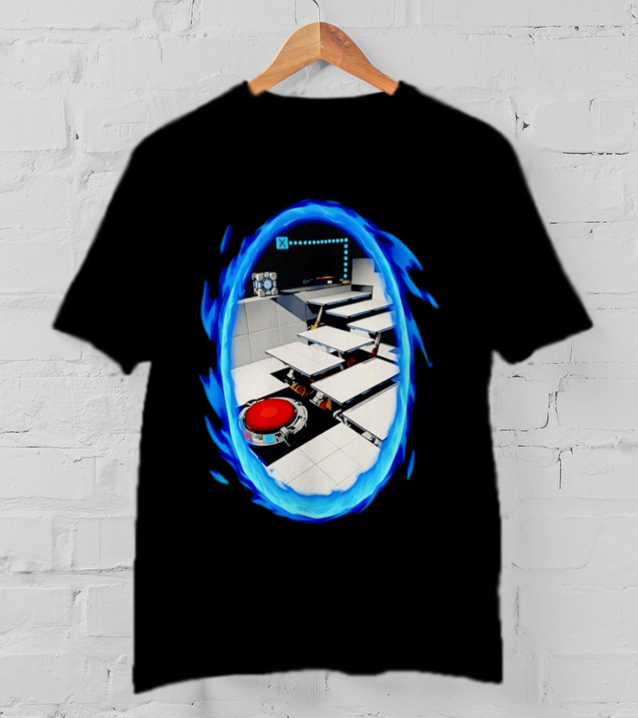 Portal Weighted Companion Cube Aperture Science Test Chamber Blue Portal Steps T-Shirt