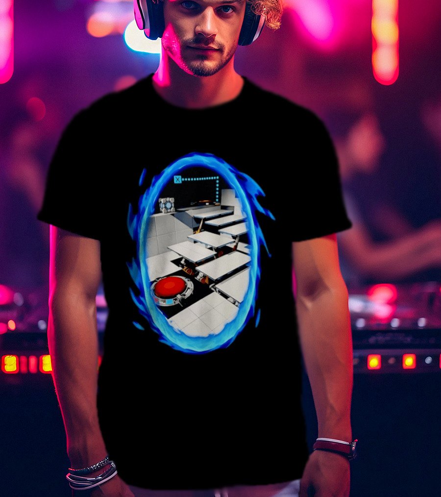 Portal Weighted Companion Cube Aperture Science Test Chamber Blue Portal Steps T-Shirt