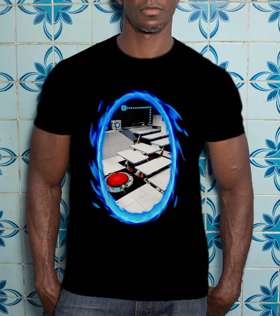 Portal Weighted Companion Cube Aperture Science Test Chamber Blue Portal Steps T-Shirt