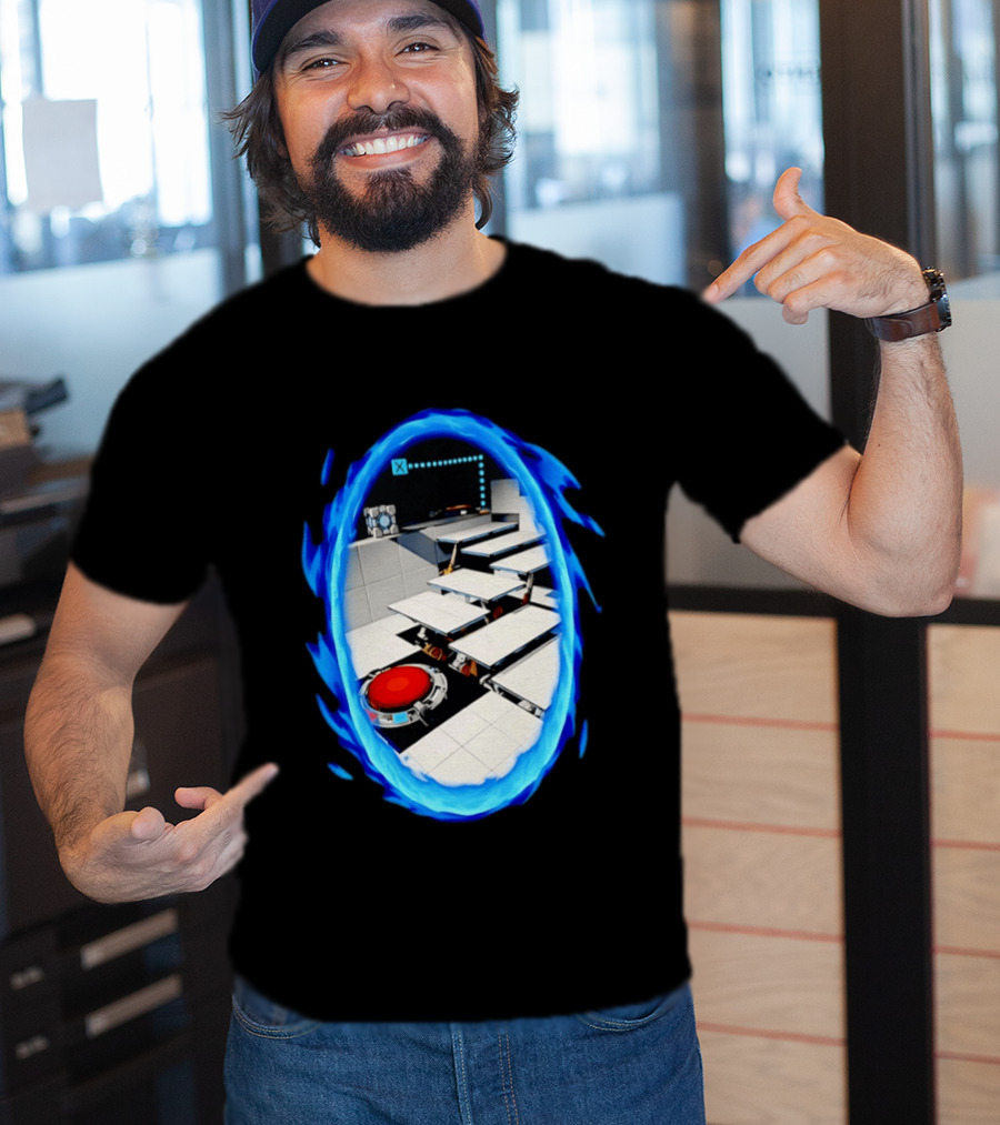 Portal Weighted Companion Cube Aperture Science Test Chamber Blue Portal Steps T-Shirt