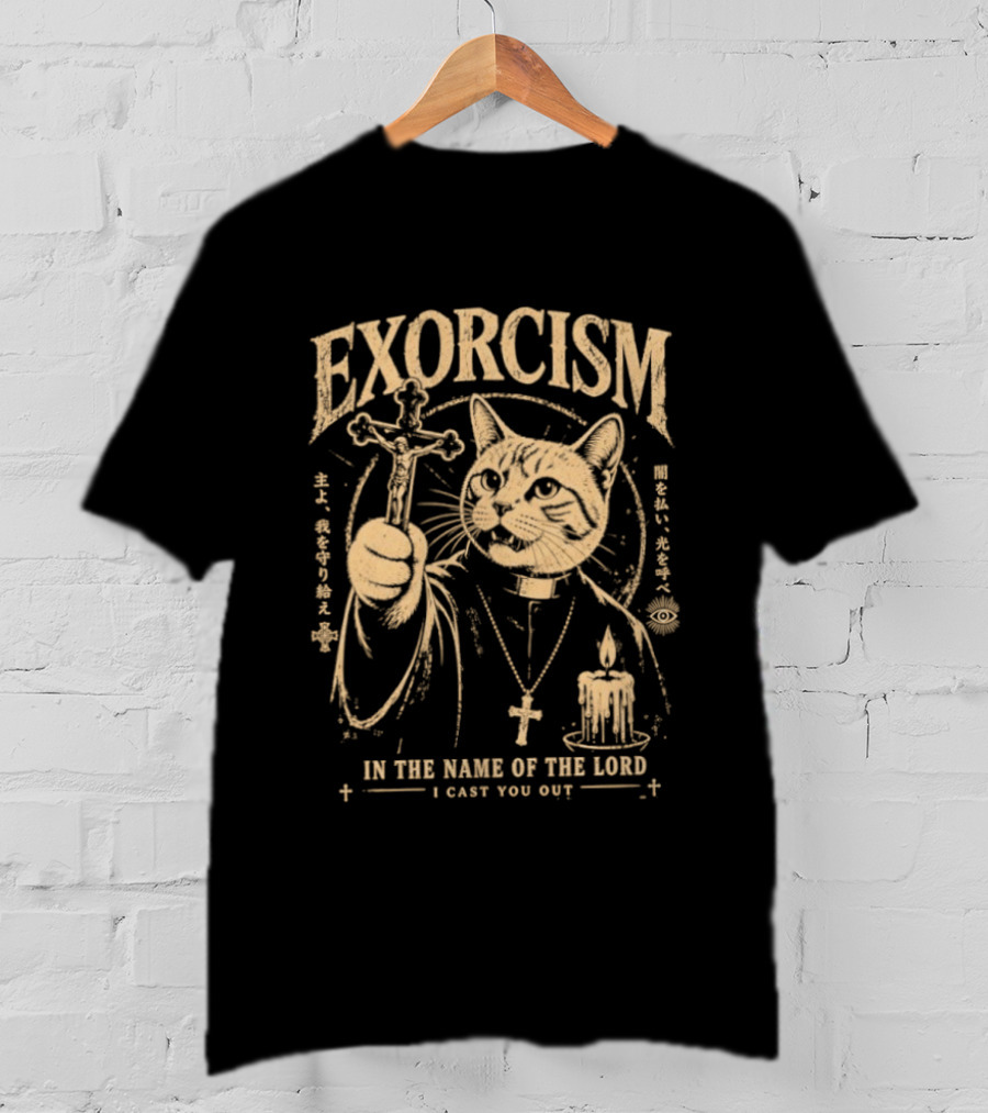 Exorcism Cat In The Name Of The Lord I Cast You Out Cross Candle T-Shirt