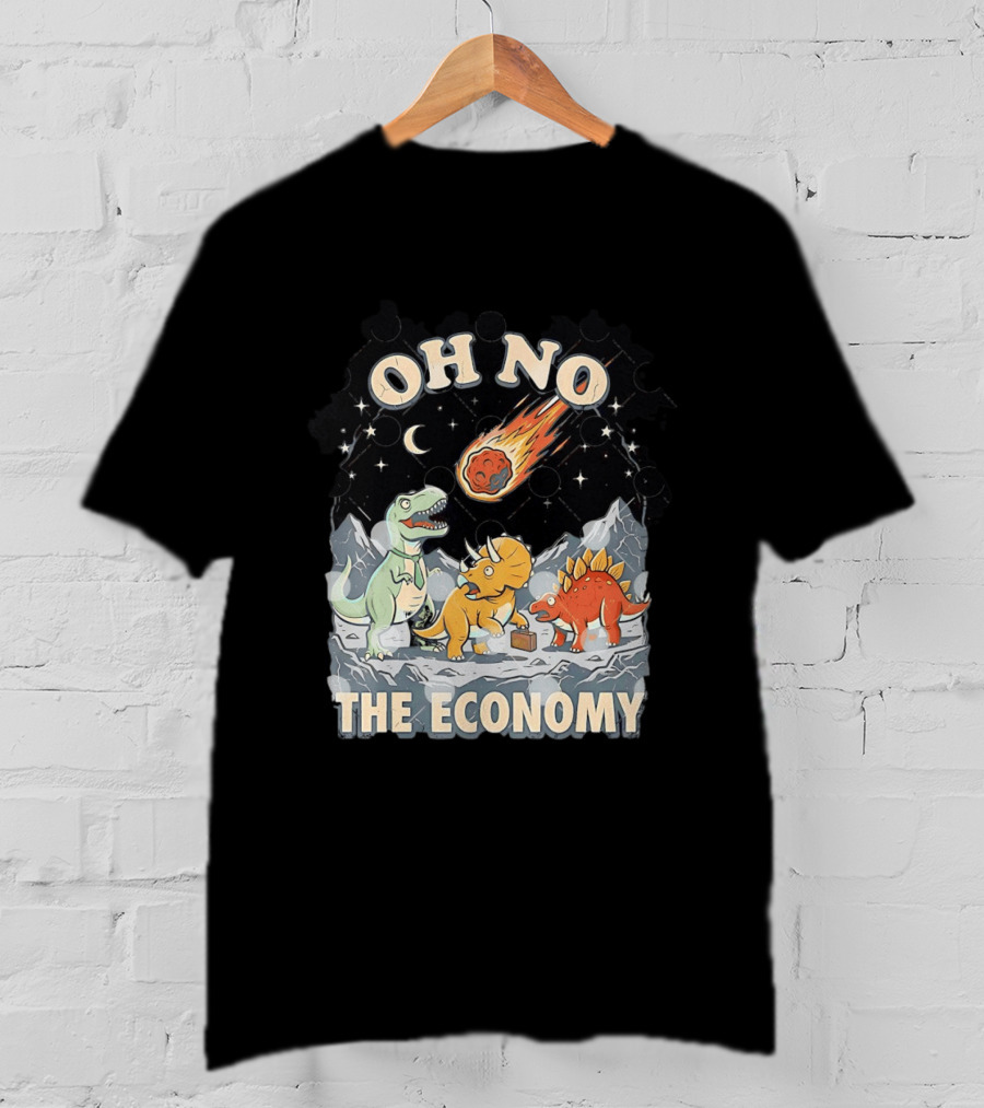 Oh No The Economy Dinosaurs Meteor Cartoon Funny Design Dinosaur Comic T-Shirt