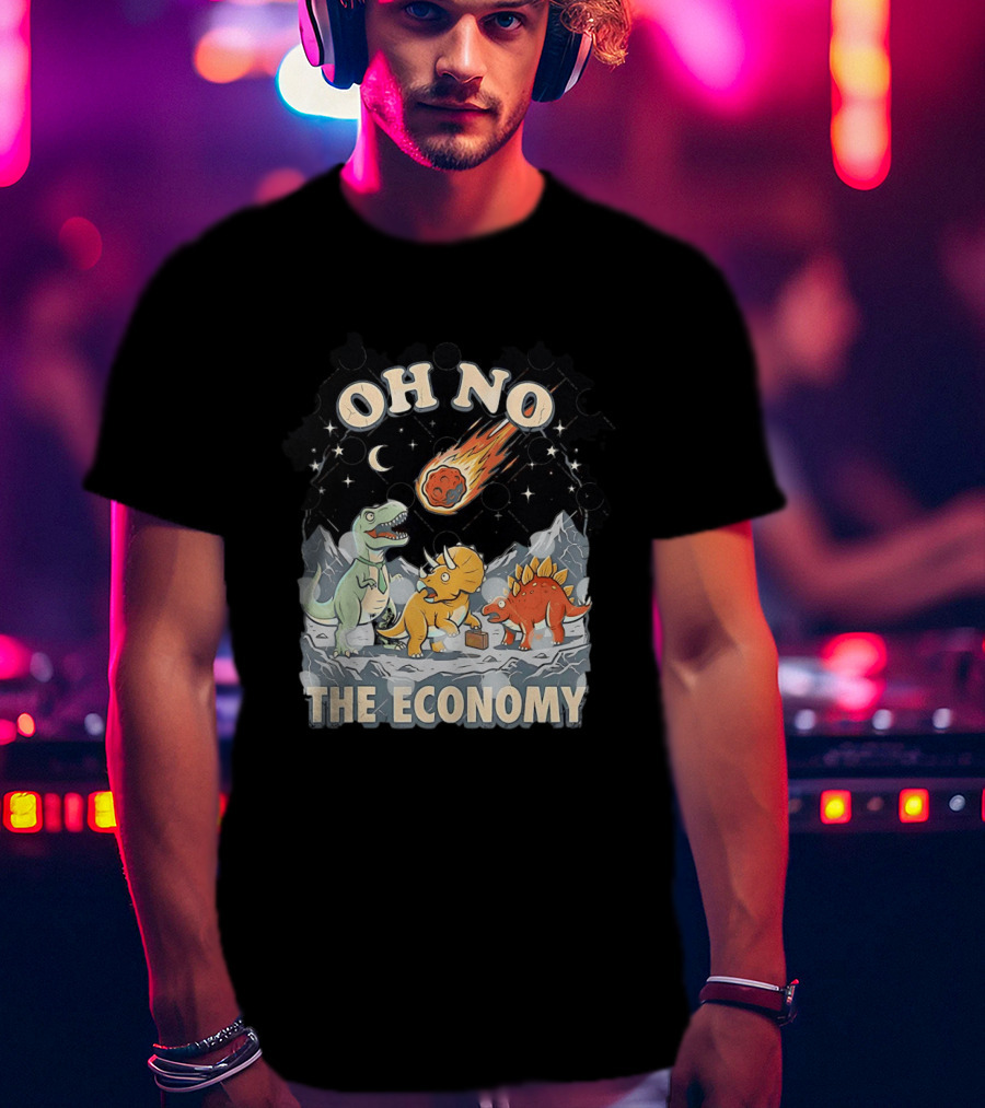 Oh No The Economy Dinosaurs Meteor Cartoon Funny Design Dinosaur Comic T-Shirt