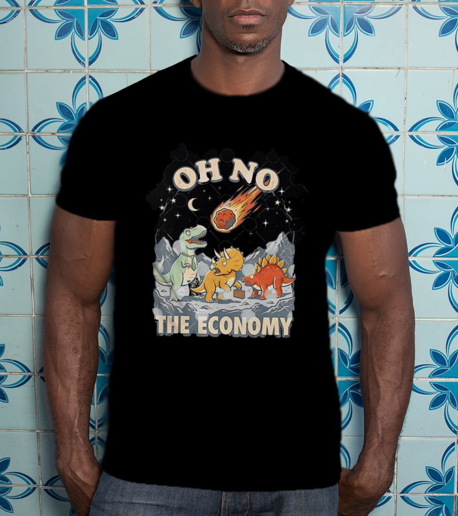 Oh No The Economy Dinosaurs Meteor Cartoon Funny Design Dinosaur Comic T-Shirt