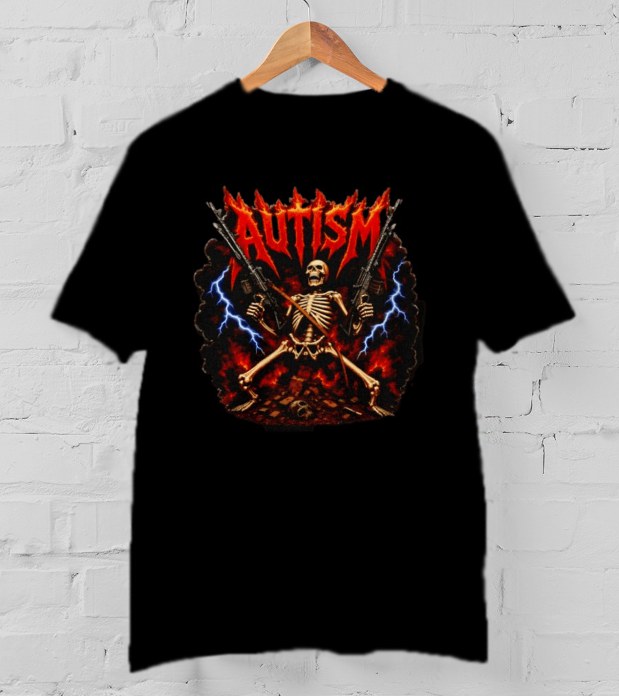 Autism Skeleton With Rifles Heavy Metal Lightning Flames T-Shirt