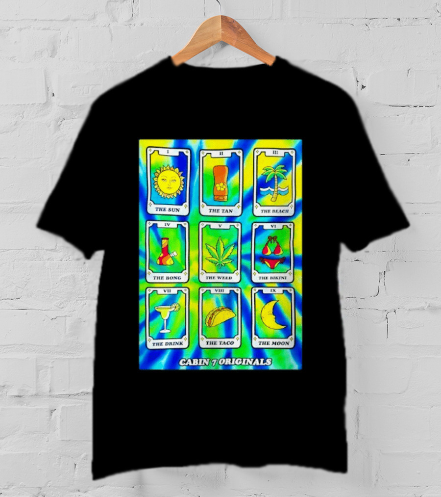 Cabin 7 Originals Tarot Cards Sun Tan Beach Bong Weed Bikini Drink Taco Moon T-Shirt