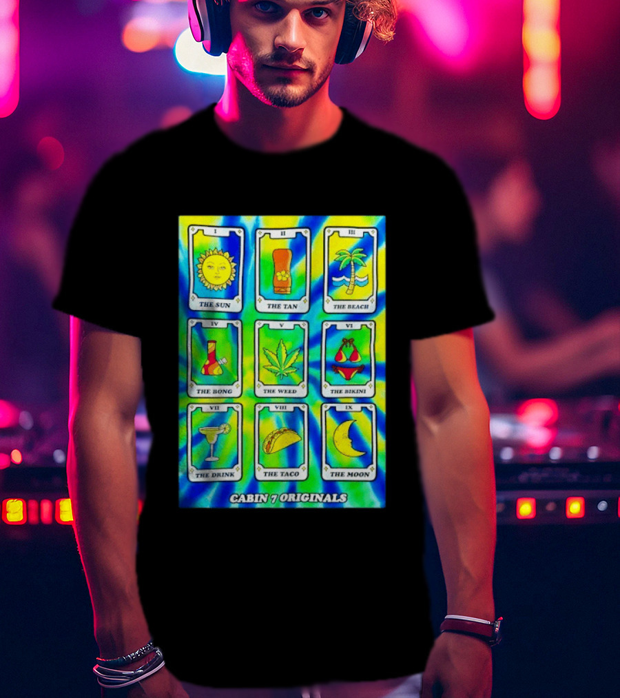 Cabin 7 Originals Tarot Cards Sun Tan Beach Bong Weed Bikini Drink Taco Moon T-Shirt