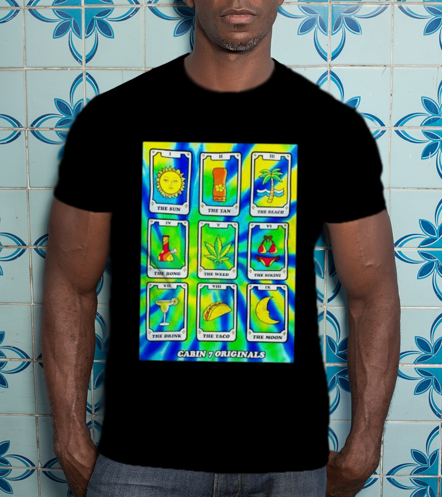 Cabin 7 Originals Tarot Cards Sun Tan Beach Bong Weed Bikini Drink Taco Moon T-Shirt