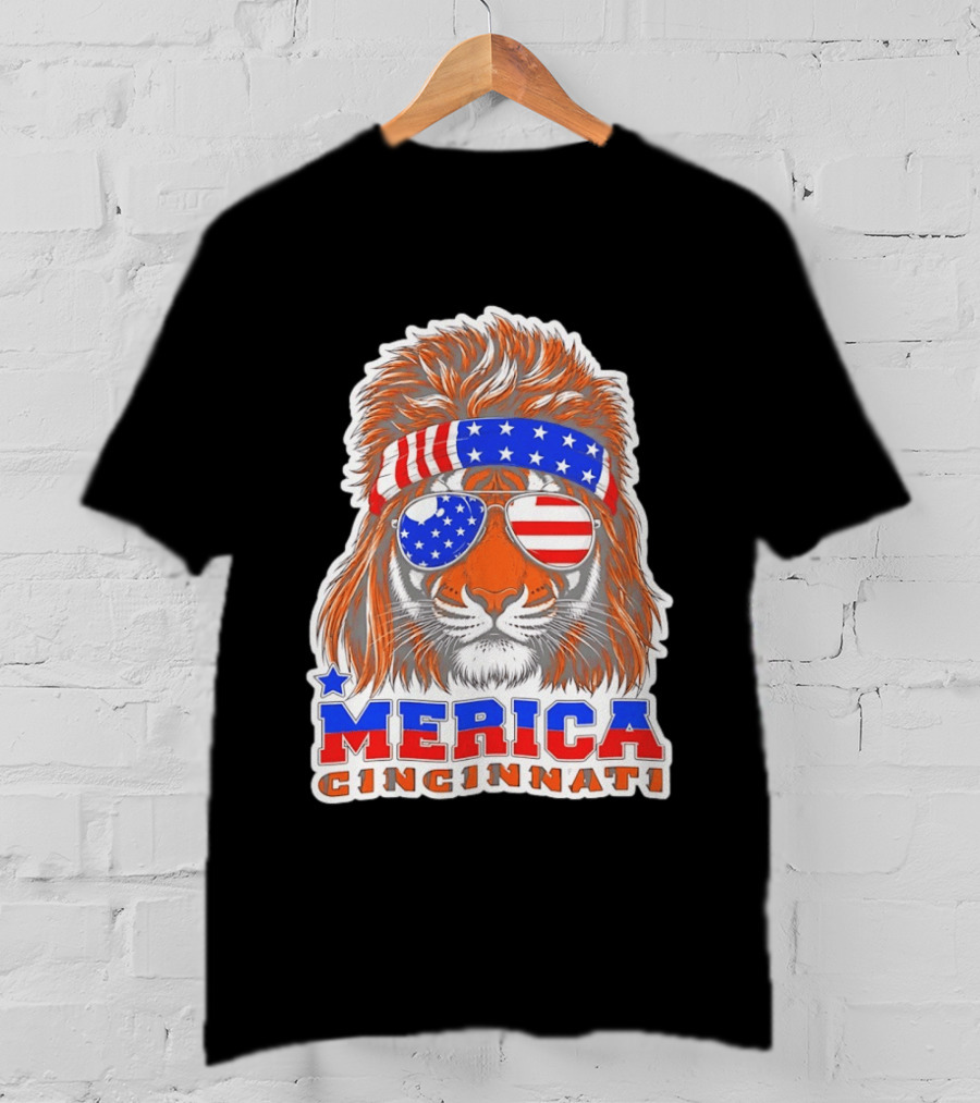 Cincinnati Merica Patriotic Tiger Mullet USA Flag T-Shirt