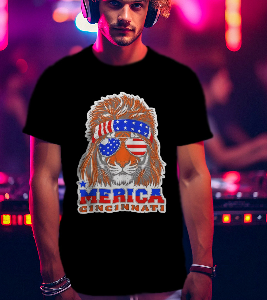 Cincinnati Merica Patriotic Tiger Mullet USA Flag T-Shirt