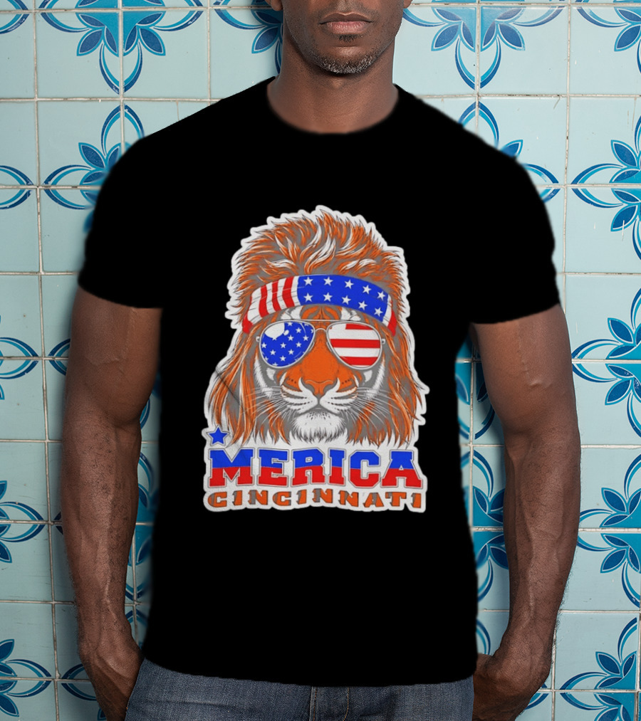 Cincinnati Merica Patriotic Tiger Mullet USA Flag T-Shirt