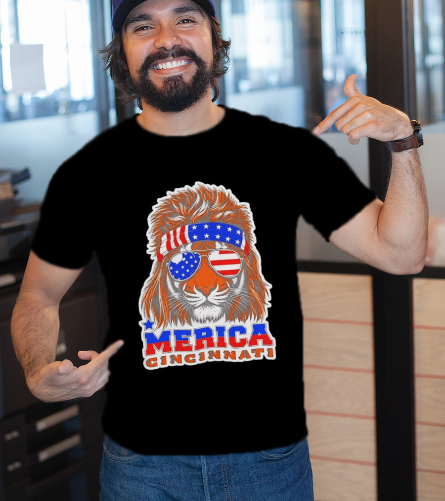 Cincinnati Merica Patriotic Tiger Mullet USA Flag T-Shirt