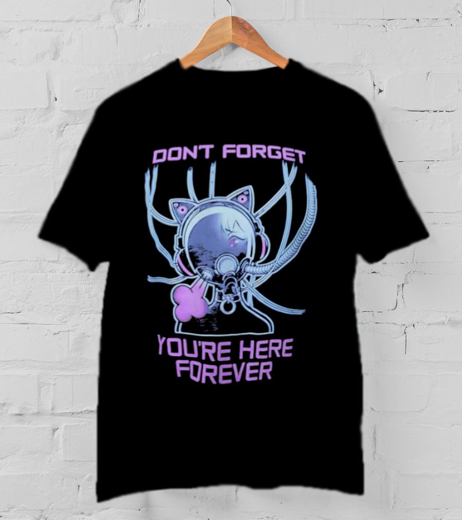 Don't Forget You're Here Forever Cyberpunk Cat Girl Visor And Cables T-Shirt