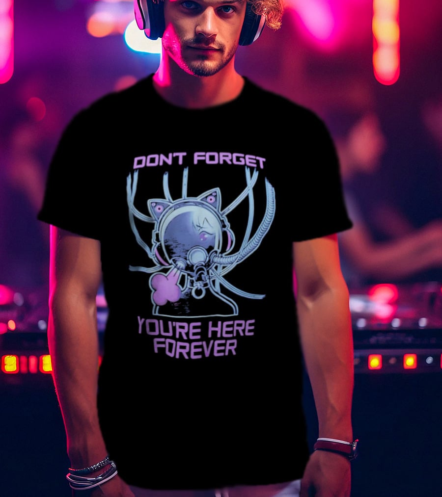Don't Forget You're Here Forever Cyberpunk Cat Girl Visor And Cables T-Shirt