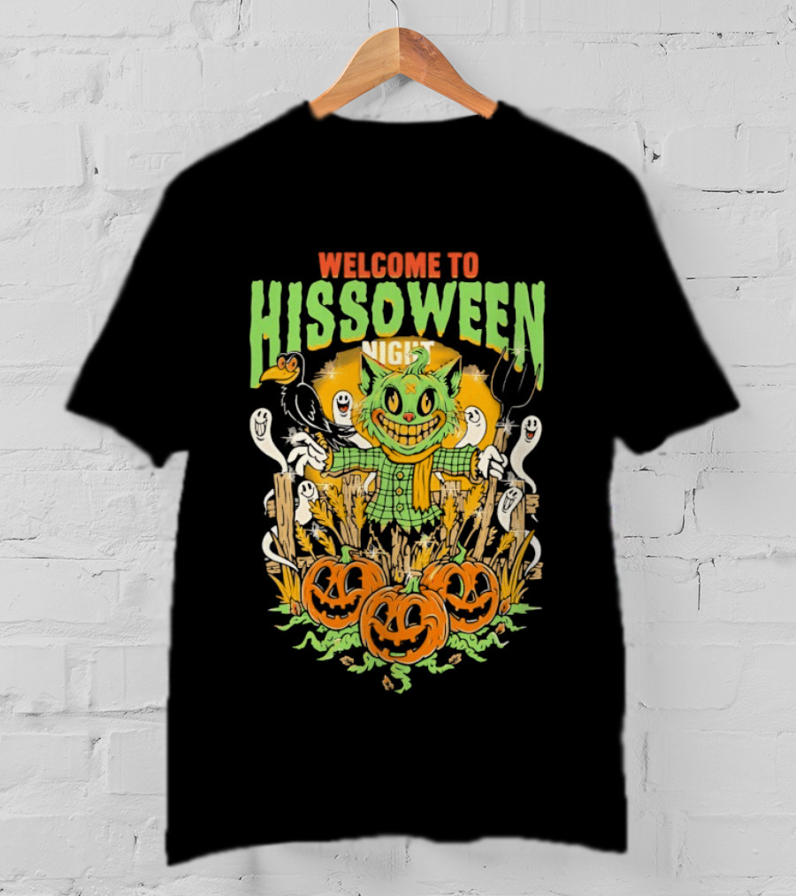 Welcome To Hissoween Night Cat Ghost Scarecrow Pumpkin T-Shirt