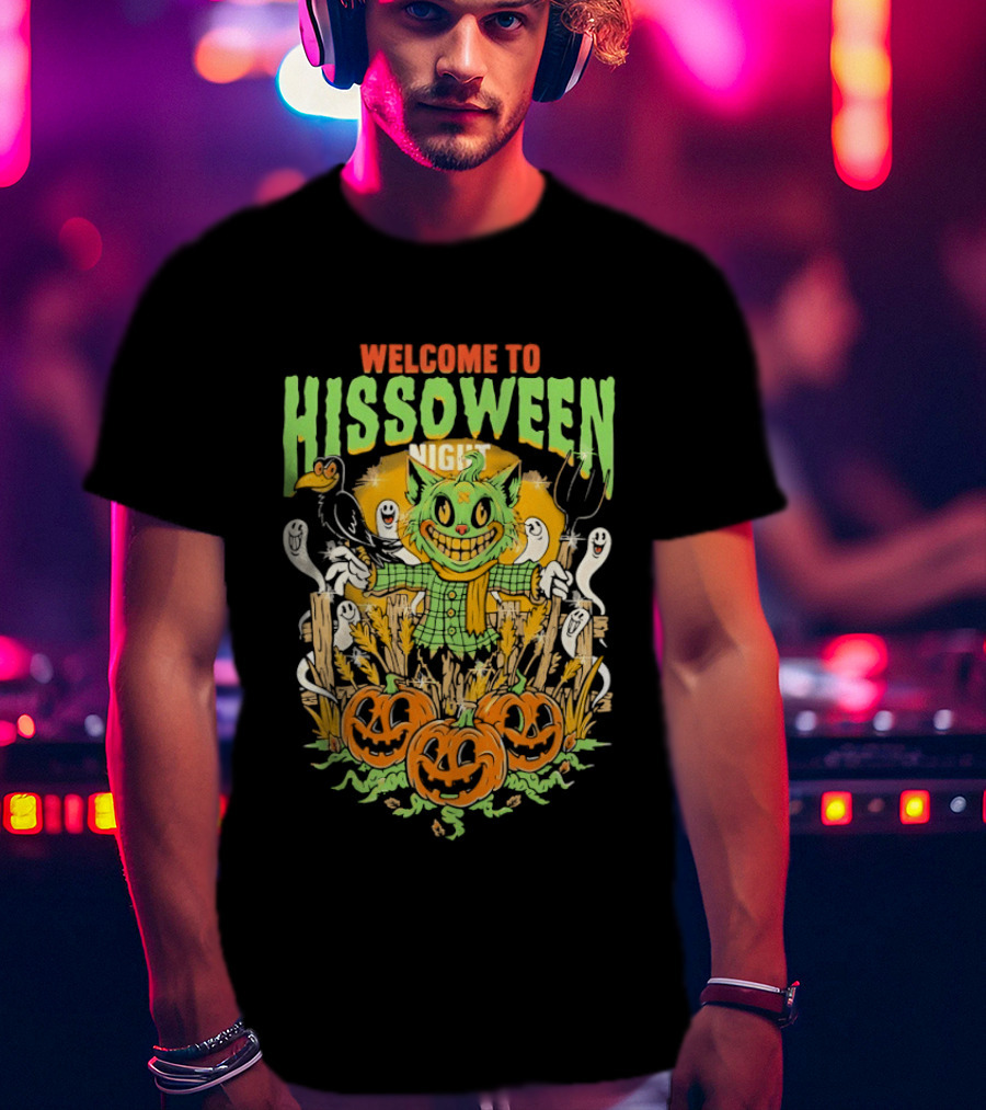 Welcome To Hissoween Night Cat Ghost Scarecrow Pumpkin T-Shirt